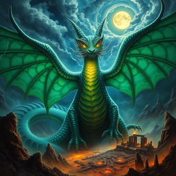 A majestic and powerful depiction of Tiamat, the dragon goddess from mythology, featuring her with large, intricate, shimmering scales in hues of emerald green and deep blue