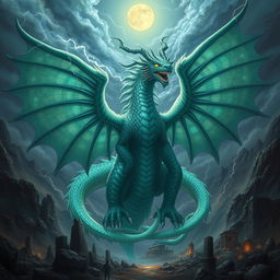 A majestic and powerful depiction of Tiamat, the dragon goddess from mythology, featuring her with large, intricate, shimmering scales in hues of emerald green and deep blue