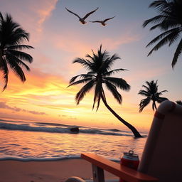 A serene beach scene at sunset, featuring a low angle view of soft waves gently lapping at the shore, with pastel colors of orange and pink in the sky