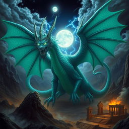 A majestic and powerful depiction of Tiamat, the dragon goddess from mythology, featuring her with large, intricate, shimmering scales in hues of emerald green and deep blue