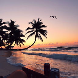 A serene beach scene at sunset, featuring a low angle view of soft waves gently lapping at the shore, with pastel colors of orange and pink in the sky