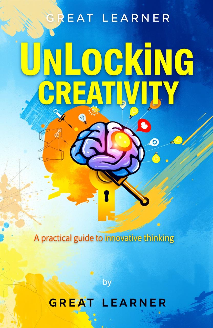 A visually striking book cover design featuring the title 'Unlocking Creativity: A Practical Guide to Innovative Thinking' by Great Learner