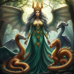 A stunning portrayal of Tiamat, the dragon goddess, in her magnificent human form