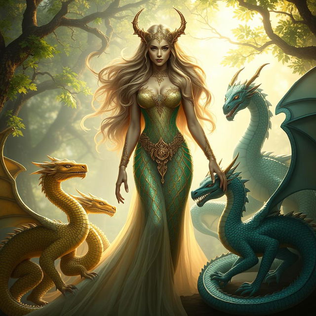 A stunning portrayal of Tiamat, the dragon goddess, in her magnificent human form