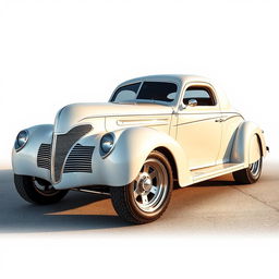 Speed-focused widebody 1939 Chevrolet Coupe transformed into a supercar ratrod, featuring a striking pearl white finish accented with bold silver stripes and shimmering silver specks