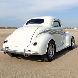 Speed-focused widebody 1939 Chevrolet Coupe transformed into a supercar ratrod, featuring a striking pearl white finish accented with bold silver stripes and shimmering silver specks