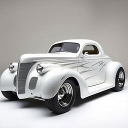 Speed-focused widebody 1939 Chevrolet Coupe transformed into a supercar ratrod, featuring a striking pearl white finish accented with bold silver stripes and shimmering silver specks