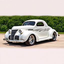 Speed-focused widebody 1939 Chevrolet Coupe transformed into a supercar ratrod, featuring a striking pearl white finish accented with bold silver stripes and shimmering silver specks