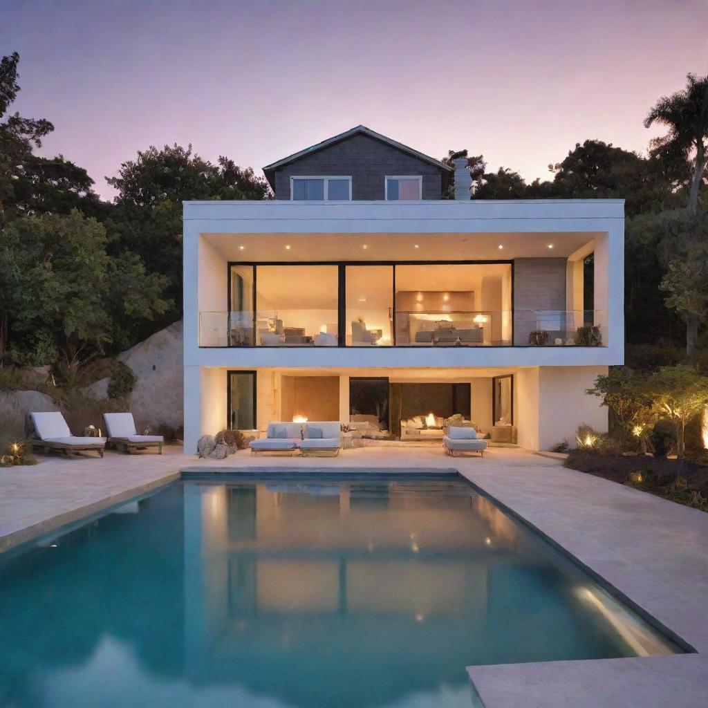 A small modern beach house with a compact front pool and a cozy fire pit. This house embodies coastal sophistication with a relaxed ambiance.