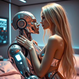 A futuristic scene depicting a skinny blonde girl engaging intimately with a humanoid robot in a sleek, modern bedroom