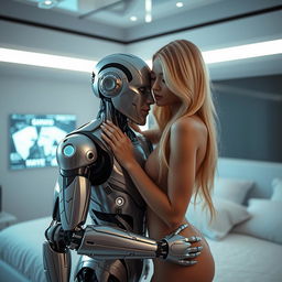 A futuristic scene depicting a skinny blonde girl engaging intimately with a humanoid robot in a sleek, modern bedroom