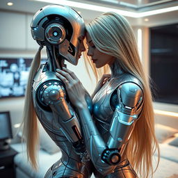 A futuristic scene depicting a skinny blonde girl engaging intimately with a humanoid robot in a sleek, modern bedroom