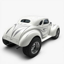 Speed-inspired widebody 1939 Chevrolet Coupe transformed into a ratrod, featuring a striking pearl white exterior with bold silver stripes embellished with shimmering silver specks