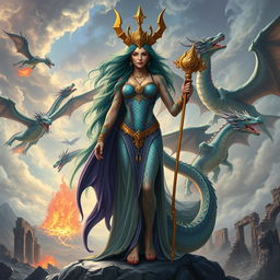 A majestic depiction of the Mother of Dragons, Tiamat, in her human form, standing regally with shimmering scales subtly visible on her skin, exuding power and grace