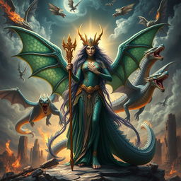 A majestic depiction of the Mother of Dragons, Tiamat, in her human form, standing regally with shimmering scales subtly visible on her skin, exuding power and grace