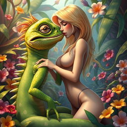 A surreal and fantastical scene depicting a skinny blonde female character engaged in an intimate moment with a whimsical, anthropomorphic lizard monster