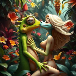 A surreal and fantastical scene depicting a skinny blonde female character engaged in an intimate moment with a whimsical, anthropomorphic lizard monster