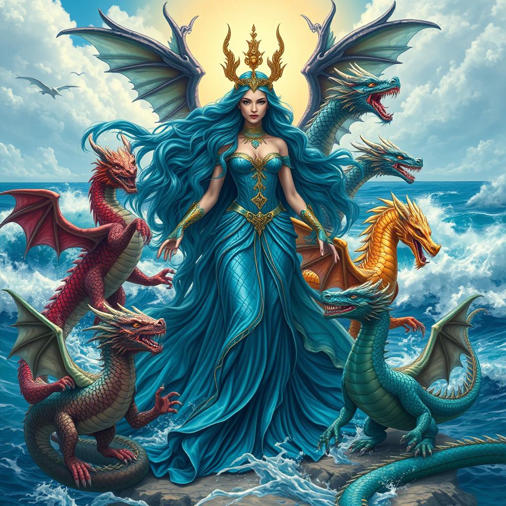 Tiamat, the primordial goddess of the sea, depicted in stunning human form with long flowing hair resembling ocean waves