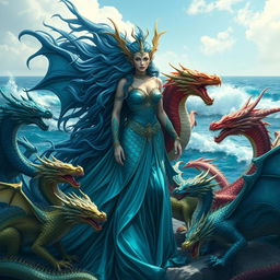 Tiamat, the primordial goddess of the sea, depicted in stunning human form with long flowing hair resembling ocean waves