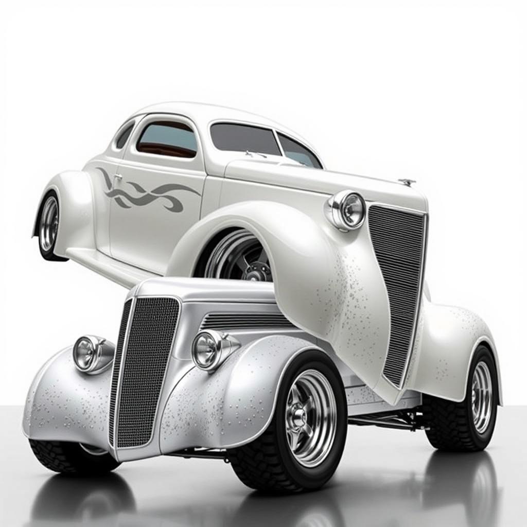 Speed-oriented widebody 1939 Chevrolet Coupe styled as a ratrod, featuring a captivating pearl white exterior enhanced with bold silver stripes and accented with shimmering silver specks