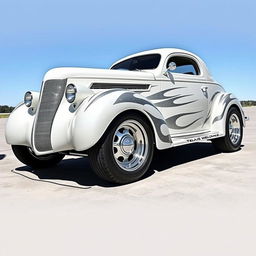 Speed-oriented widebody 1939 Chevrolet Coupe styled as a ratrod, featuring a captivating pearl white exterior enhanced with bold silver stripes and accented with shimmering silver specks