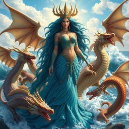 Tiamat, the primordial goddess of the sea, depicted in stunning human form with long flowing hair resembling ocean waves