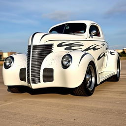 Speed-oriented widebody 1939 Chevrolet Coupe styled as a ratrod, featuring a captivating pearl white exterior enhanced with bold silver stripes and accented with shimmering silver specks