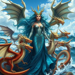 Tiamat, the primordial goddess of the sea, depicted in stunning human form with long flowing hair resembling ocean waves