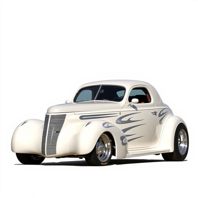 Speed-oriented widebody 1939 Chevrolet Coupe styled as a ratrod, featuring a captivating pearl white exterior enhanced with bold silver stripes and accented with shimmering silver specks