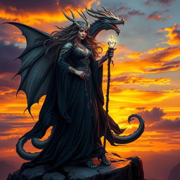 A powerful dragon witch standing atop a rocky cliff, adorned with flowing dark robes and intricate silver jewelry