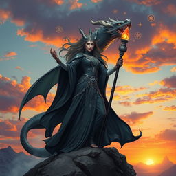 A powerful dragon witch standing atop a rocky cliff, adorned with flowing dark robes and intricate silver jewelry