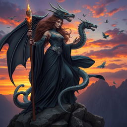 A powerful dragon witch standing atop a rocky cliff, adorned with flowing dark robes and intricate silver jewelry