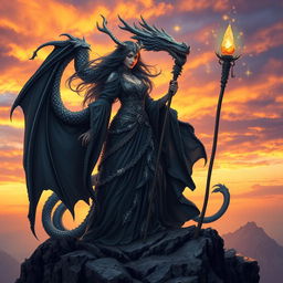 A powerful dragon witch standing atop a rocky cliff, adorned with flowing dark robes and intricate silver jewelry