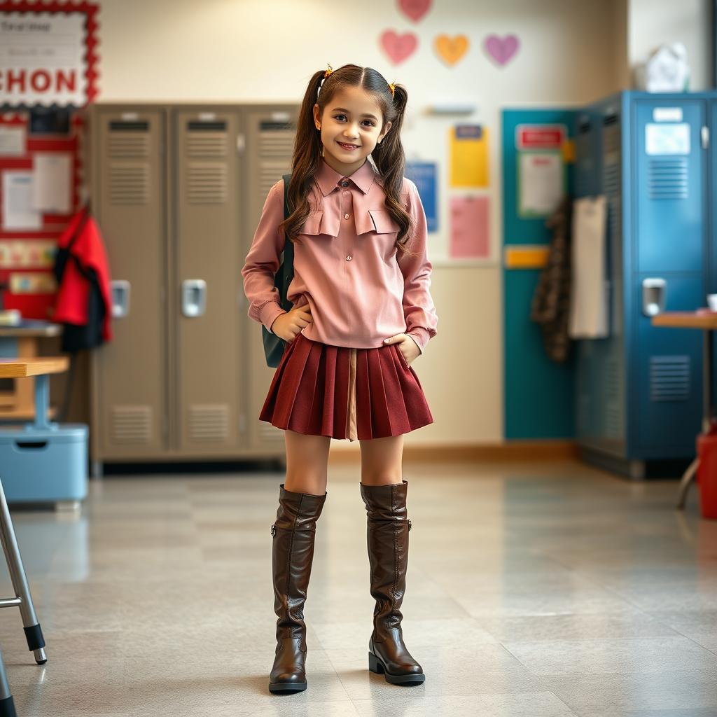 A fashionable school girl wearing a trendy outfit consisting of a stylish blouse and a short pleated skirt, paired with knee-high boots, exuding confidence and youthful energy