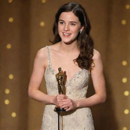 A young 20-year-old brunette woman delivering a speech with her Oscar award