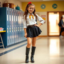 A fashionable school girl wearing a trendy outfit consisting of a stylish blouse and a short pleated skirt, paired with knee-high boots, exuding confidence and youthful energy