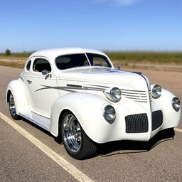 Widebody 1939 Chevrolet Coupe styled as a ratrod, showcasing an eye-catching pearl white coat adorned with bold silver stripes and sparkling silver specks