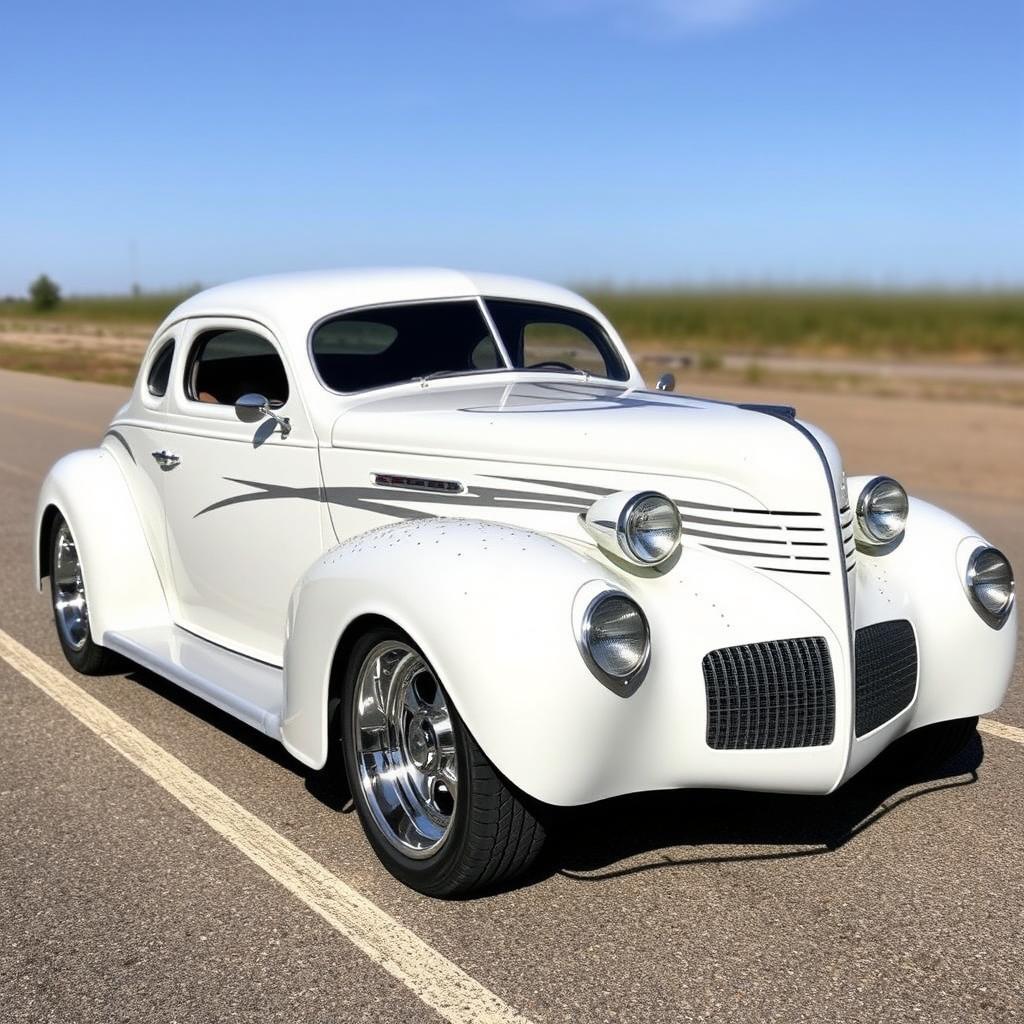 Widebody 1939 Chevrolet Coupe styled as a ratrod, showcasing an eye-catching pearl white coat adorned with bold silver stripes and sparkling silver specks