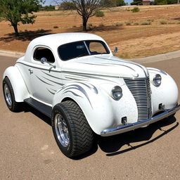 Widebody 1939 Chevrolet Coupe styled as a ratrod, showcasing an eye-catching pearl white coat adorned with bold silver stripes and sparkling silver specks