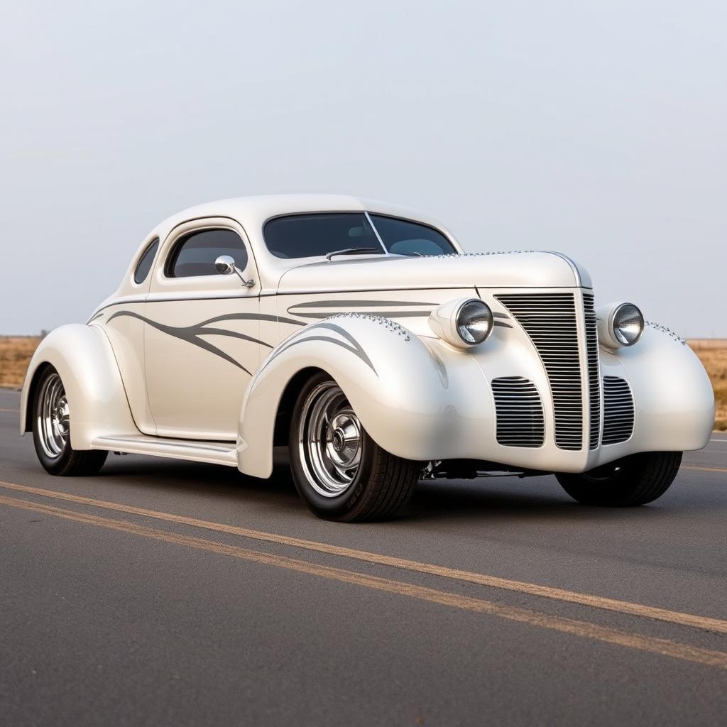 Widebody 1939 Chevrolet Coupe styled as a ratrod, showcasing an eye-catching pearl white coat adorned with bold silver stripes and sparkling silver specks