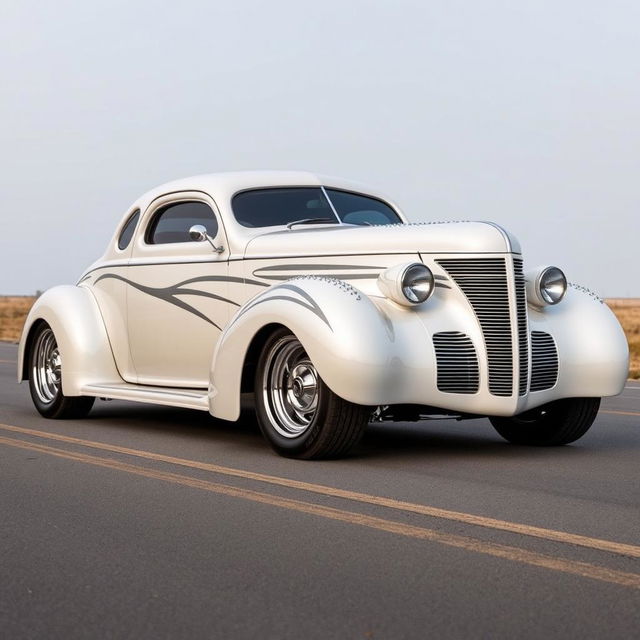 Widebody 1939 Chevrolet Coupe styled as a ratrod, showcasing an eye-catching pearl white coat adorned with bold silver stripes and sparkling silver specks