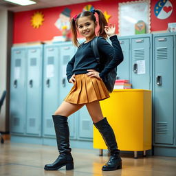 A confident and fashionable school girl wearing a stylish outfit, featuring a trendy top and a short pleated skirt, paired with knee-high boots