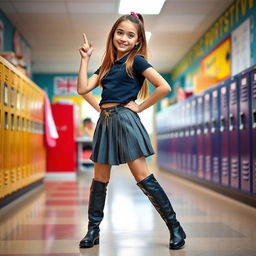 A confident and fashionable school girl wearing a stylish outfit, featuring a trendy top and a short pleated skirt, paired with knee-high boots