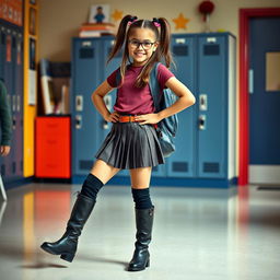 A confident and fashionable school girl wearing a stylish outfit, featuring a trendy top and a short pleated skirt, paired with knee-high boots