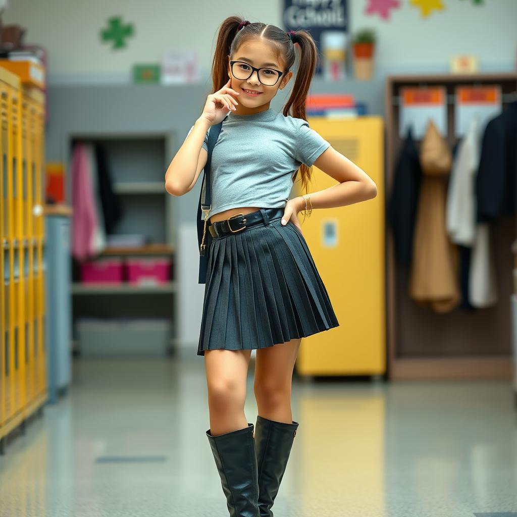 A confident and fashionable school girl wearing a stylish outfit, featuring a trendy top and a short pleated skirt, paired with knee-high boots