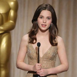 A young 20-year-old brunette woman delivering a speech with her Oscar award