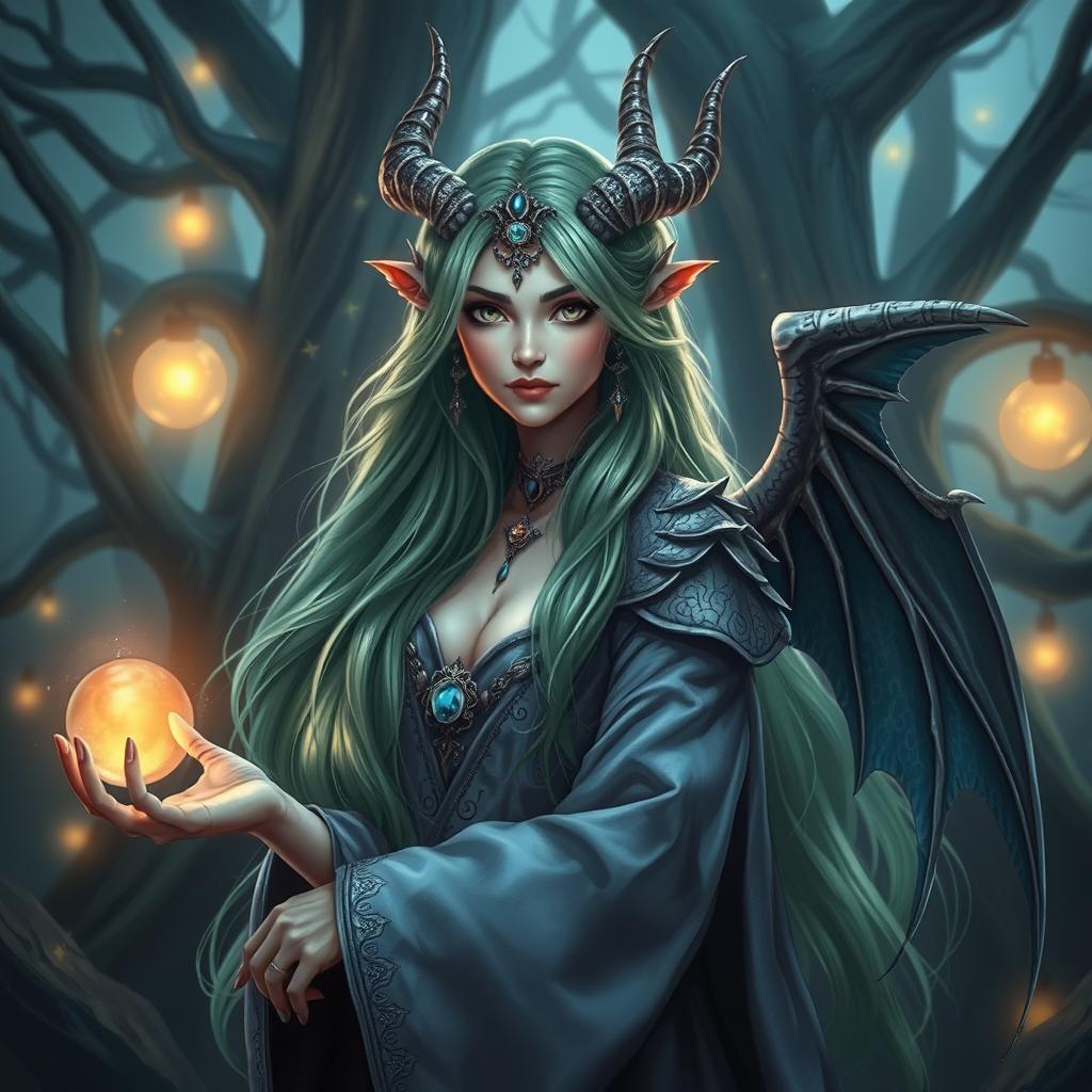 A stunning dragon witch with long flowing hair in shades of green and blue, adorned with intricate jeweled accessories