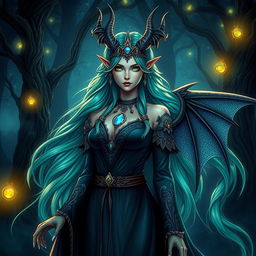 A stunning dragon witch with long flowing hair in shades of green and blue, adorned with intricate jeweled accessories