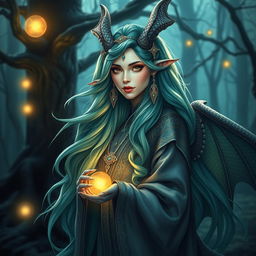 A stunning dragon witch with long flowing hair in shades of green and blue, adorned with intricate jeweled accessories