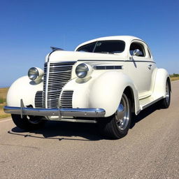 Widebody 1939 Chevrolet Coupe styled as a ratrod, featuring an eye-catching pearl white coat with bold silver racing stripes and sparkling silver specks